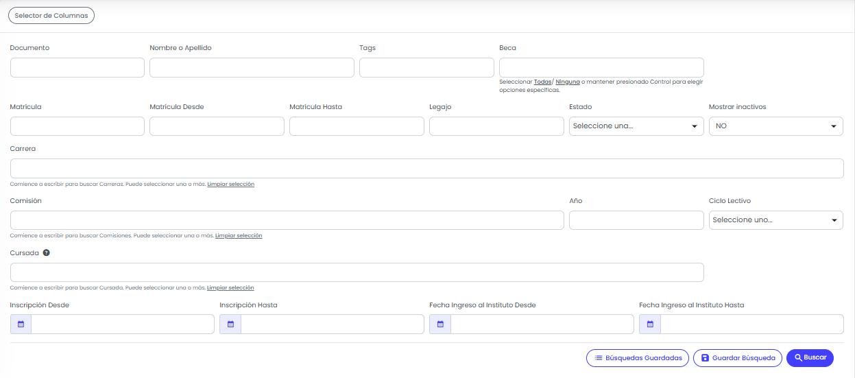 ¿Cómo buscar alumnos en el listado? — Configurar los filtros de búsqueda
