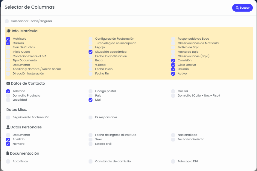 ¿Cómo buscar alumnos en el listado? — Configurar las columnas visibles
