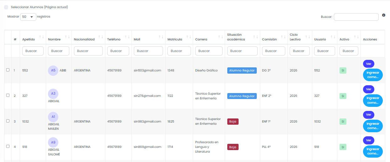 ¿Cómo buscar alumnos en el listado? — Visualizar los resultados