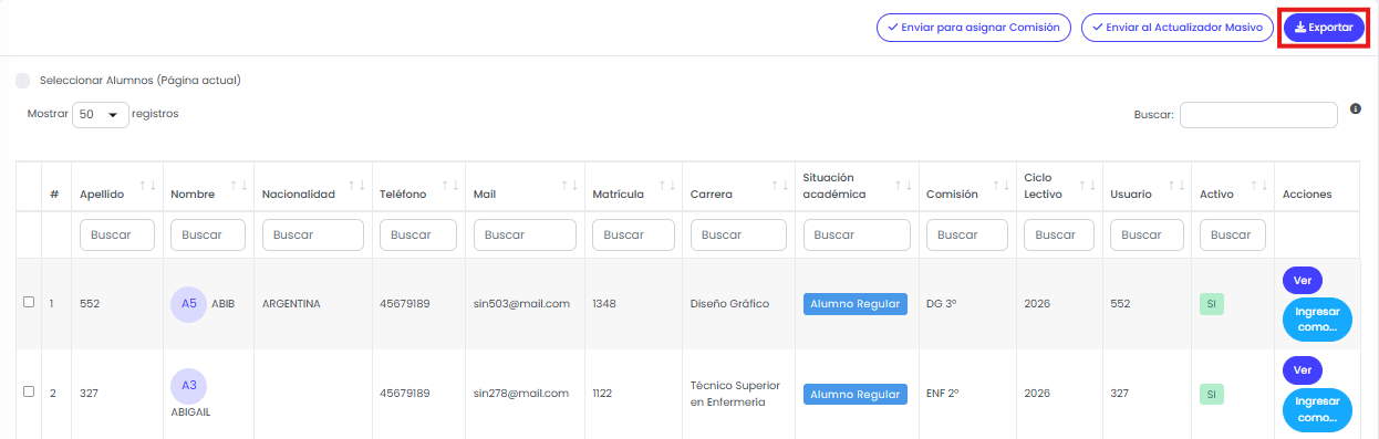 ¿Cómo buscar alumnos en el listado? — Exportar la información