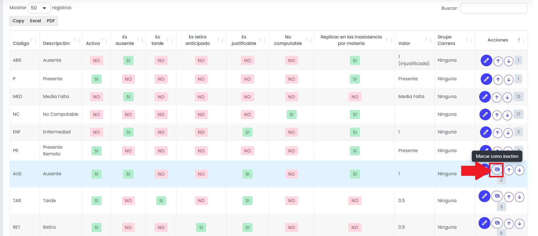 ¿Cómo configurar y gestionar los tipos de inasistencia? — Desactivar un tipo de inasistencia