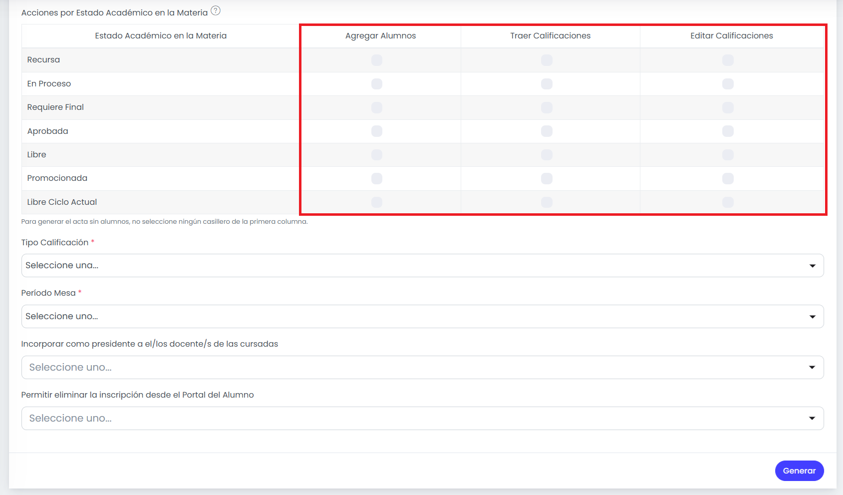 ¿Cómo generar actas de examen? — Configurar acciones por estado académico