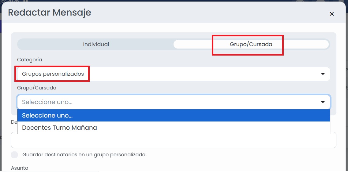 ¿Cómo creo y envío un mensaje? — Opción 2: Envío a grupos o cursadas
