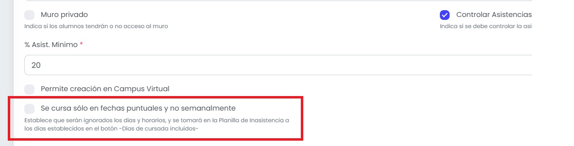 ¿Cómo configurar una cursada con fechas puntuales? — Activar la opción de fechas puntuales
