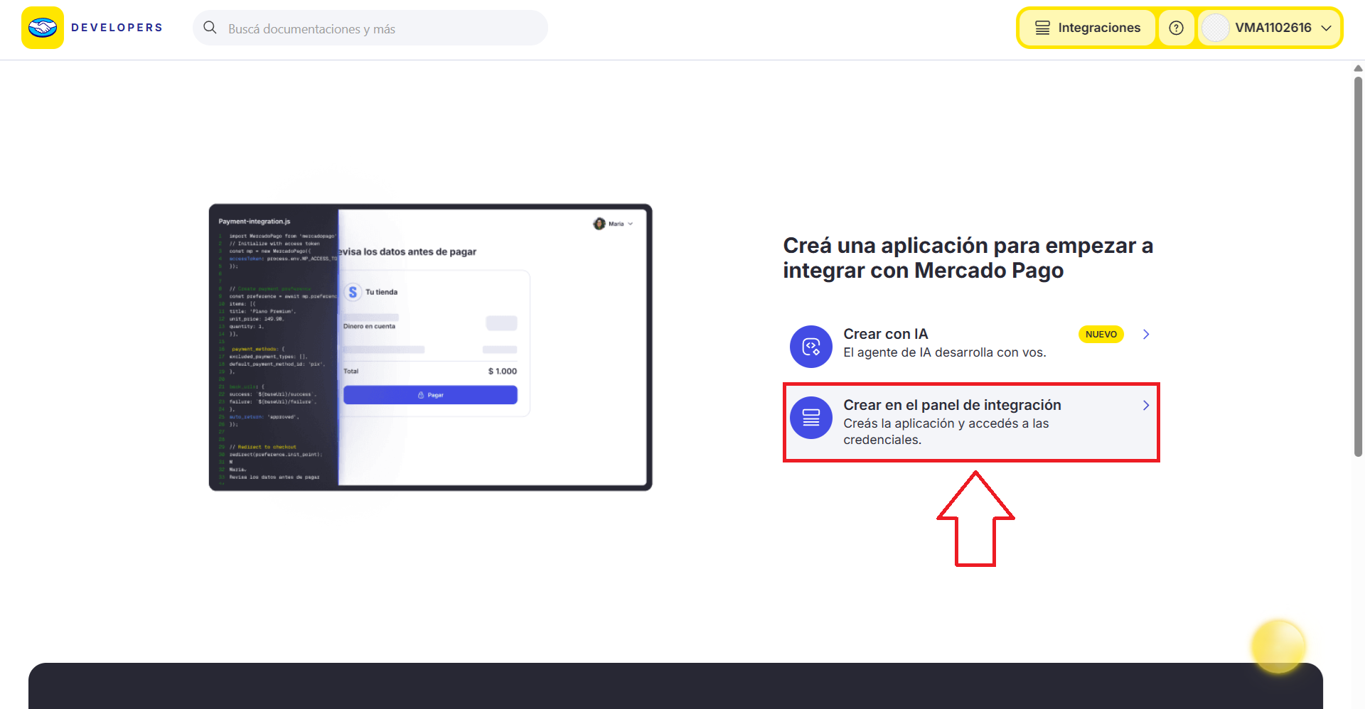 Elegí crear la aplicación desde el panel de integración