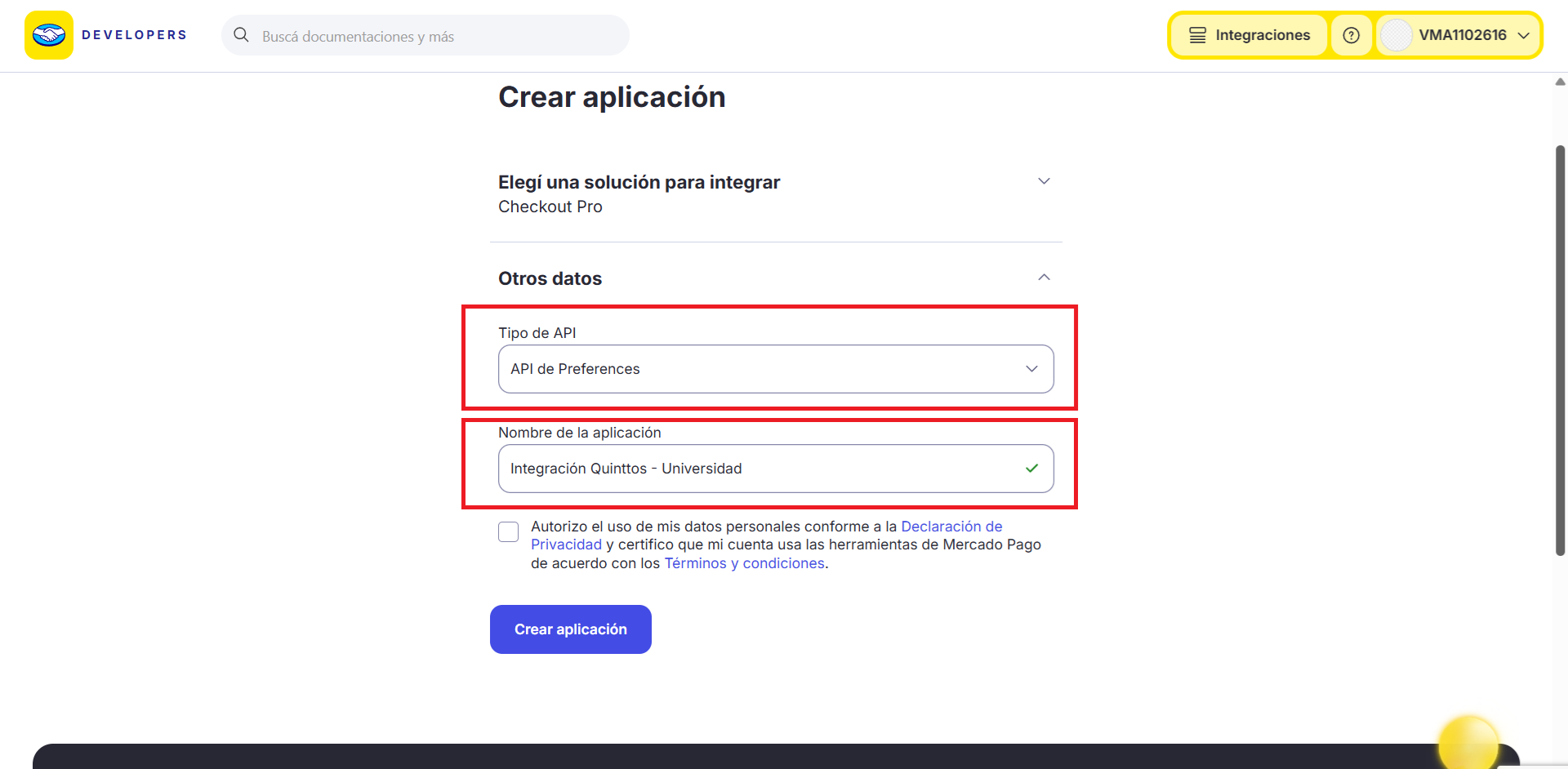 Completá los datos de la aplicación