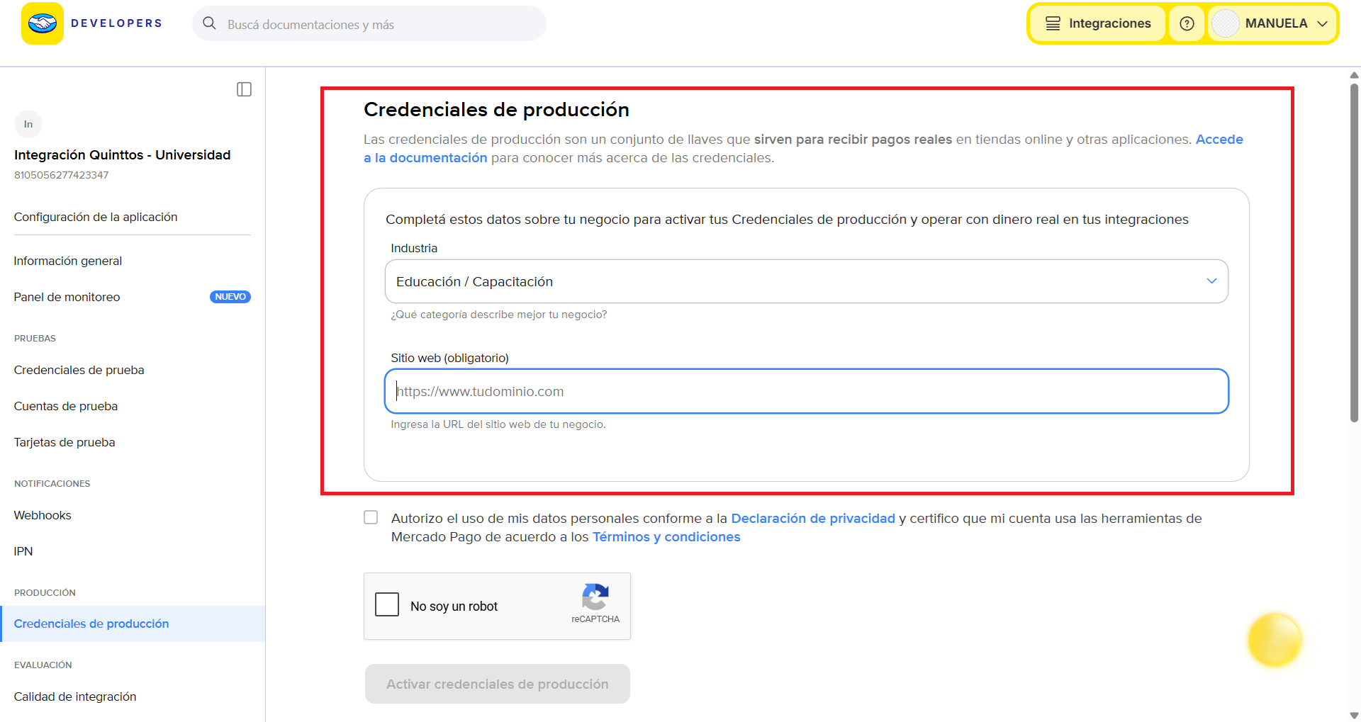 Completá los datos para activar las credenciales de producción