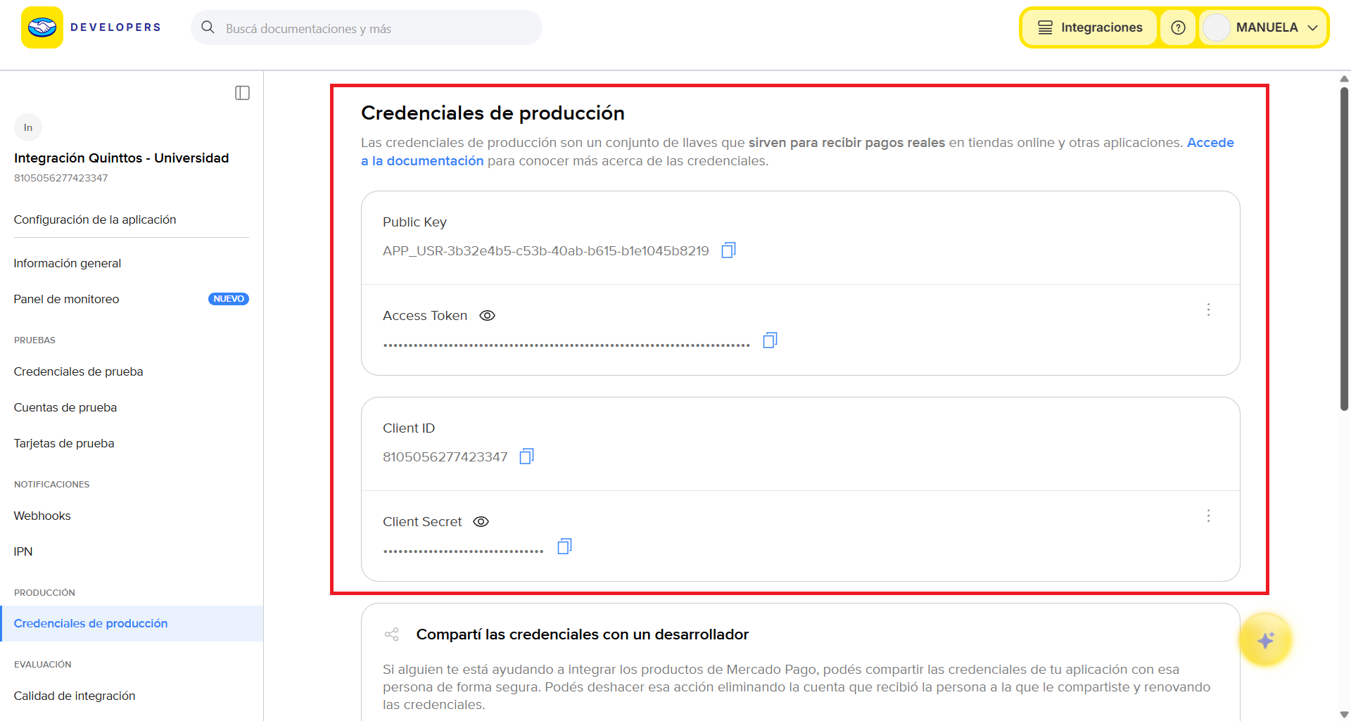 Copiá las credenciales de producción
